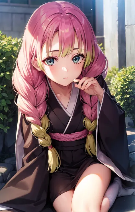 mitsuri, mitsuri, long hair, light pink hair that fades into a lime green color at the halfway point, braid, single braid, (black eyes:1.5),
BREAK japanese clothes, kimono, single braid,
BREAK looking at viewer, full body,
BREAK outdoors,
BREAK (masterpiec...