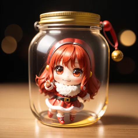 A chibi doll trapped in a magic jar、Nendoroid of a cute girl dressed as Santa Claus、open and smile、Chibi Doll、Standing whole body、Eye Up、Laugh、cute red choconitide, Ultra Detail, Christmas tree、gifts、radiant light、bio luminescent、Taken from the side、Strong...