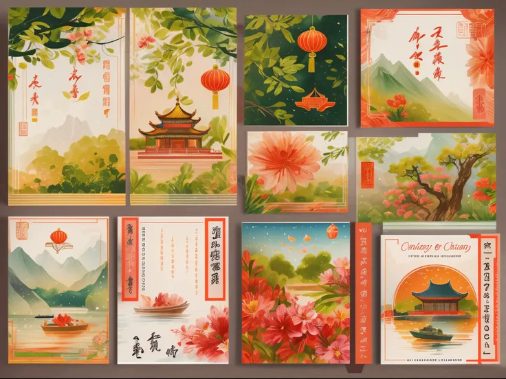 (postcard: 1.8),（China - Chic Chinese New Year Landscape，anatomy correct，Oriental elements，The Chinese New Year scene  used as the front of the postcard），（China - stylish postcard：1.5，Vector painting：1.5），（Chinese colors，senior color matching，gradient back...