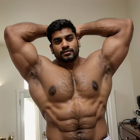 Indian bulky muscular man with big pecs, hairy chest, shwing hairy armpits