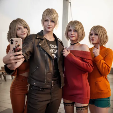 Ashley 25 old years, short blonde hair, wearing t-shirt, happy expression, little smile, selfie style