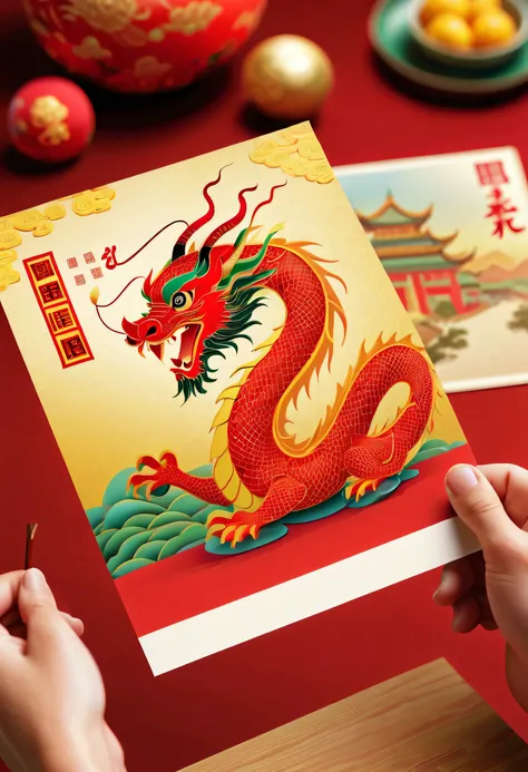 (There  a beautiful postcard on the table: 1.5), Use the 2024 Spring Festival scene, Dragon, As the front of a postcard, and use traditional text for the back of the postcard. face to the viewer，first person perspective, Perspectives, hyper HD, tmasterpiec...