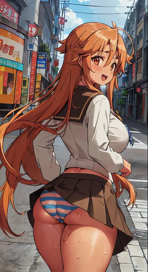 (( 1girl in)), NSFW、blush,(well-muscled)、Brown skin、Golden hair、the eyes are orange、(((Big big ass))、(((thick thighs)))、Sweat、:D、Long hair、((Unkempt hair))、School uniform、Red mini skirt、blues kajan、(Light blue striped panties)、In the street、((Panchira))、Ki...