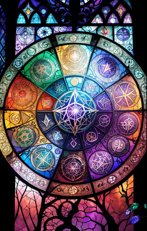 intricate wiccan spectrum, geometry and astrology, dwarven runes,goblin runes,demonic sigils,arcane runes,wicca symbols dnd, warrior runes,eltritcs zodiac signs, stained glass window, mosaic, anime art nouveau cosmic display, staine glass tarrot style, sum...