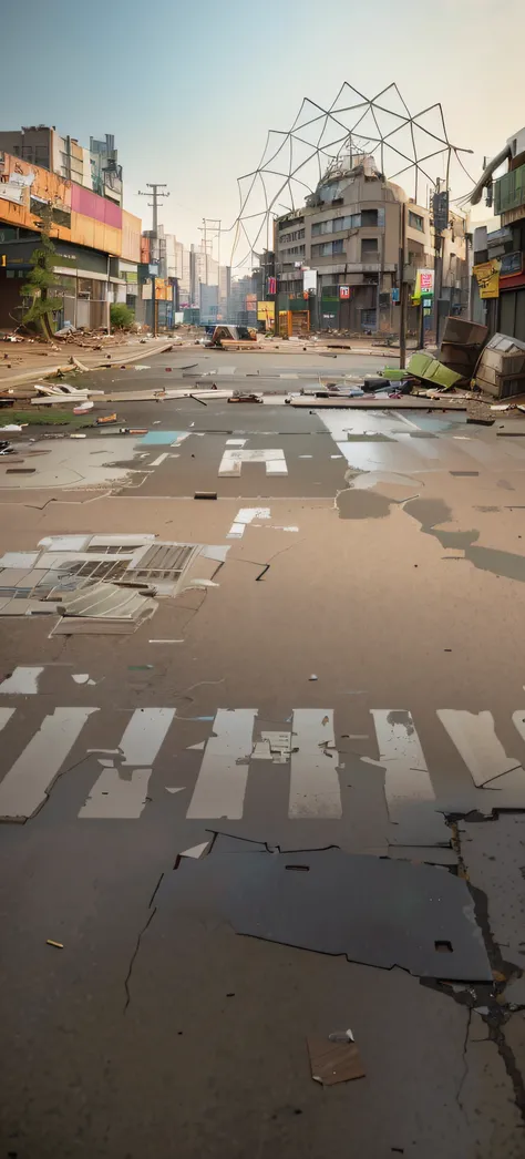 There  a photo of an abandoned street，There#39;s a lot of clutter there, damaged streets, dirty street background, Post-apocalyptic city streets, A post-apocalyptic street, Wet floor on the street, Stunning street scenes, Opening, outdoors ruined cityscape...