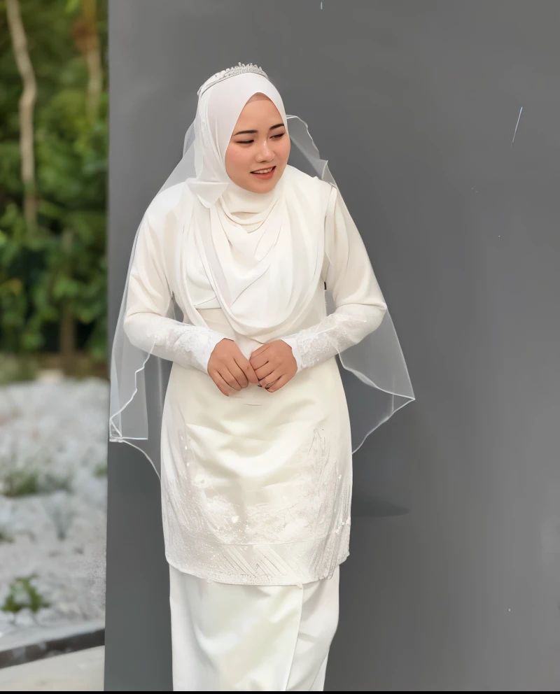 a woman in a white dress and veil standing next to a wall, white hijab, pose 4 of 1 6, malaysian, inspired by Naza, inspired by Nazmi Ziya Güran, pose 1 of 1 6, a beautiful woman in white, islamic, modest, muslim, wearing white silk, inspired by Ni Yuanlu,...