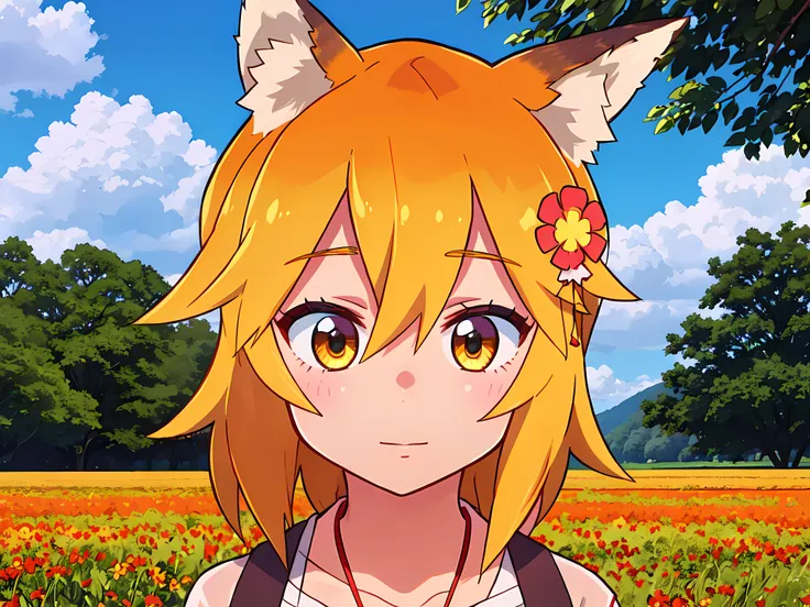 a girl, fox ears, field, orange flowers. super detailed, detailed ears, detail eyes, girls 4k, detailed flowers, beautiful cloud...