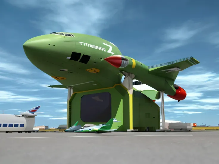 Alafren jetliner sitting on the runway with runway and buildings in the background, Thunderbird 2, depicted as a 3 d render, duck themed spaceship, cartoon fantasy spaceship, duck-shaped spaceship, thunderbird, Spaceship landed in the background, Big stran...