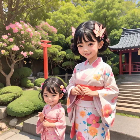 photoRealstic、Japan shrine in the background、３Year old girl、Wearing a kimono to celebrate Shichi-Go-San、Traditional events of Japan、Smile, kawaii pose 、 highly detailed eyelid painting、Floral hair ornament、butterfly hair ornament、on my right hand, I have a...