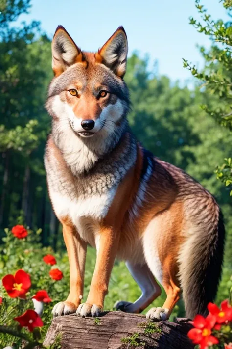 Red Wolf, Forest edge, lots of flowers, birds in the trees