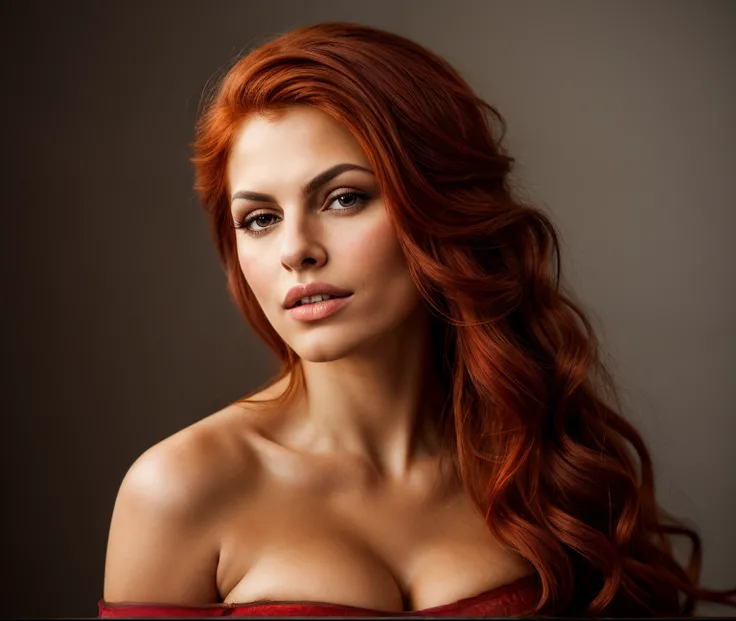 Dort posiert eine Frau (Eva Mendes) with red hair for a photo, Fine Art Portrait Photography, Beautiful portrait lighting, Glamour Portrait, Portrait of a red-haired girl, eine rothaarige junge Frau, gorgeous portrait, Medium Portrait Soft Light, Beauty Po...