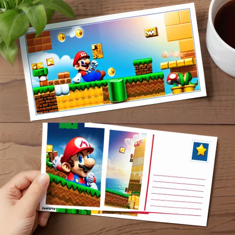 (There  a beautiful postcard on the table: 1.5), Super Mario image on the front, Traditional text format and graphics on the back，senior color matching，gradient backgrounds，white border frame，The content  very detailed，Reasonable design，Clear lines，High- s...