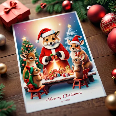 There  a beautiful postcard on the table, On the front  an image of cute animals celebrating Christmas, The back has traditional text formatting and graphics, senior color matching, gradient backgrounds, white border frame, The content  very detailed, Reas...