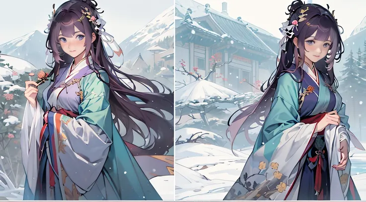 One of them  wearing purple clothes，long, floated hair、Alpha image of a woman with beautiful hairstyle，palaces，A girl in Hanfu，Very popular on cgstation，Guviz-style artwork，Guwitz，Inspired by Du Qiong，Inspired by Ma Yuanyu，8K）），Cold winter，winter solstice，...