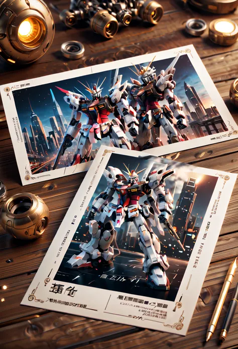 (there  a beautiful postcard on the table: 1.5), on the front  the image of future mechanical gundam city, the back has traditio...