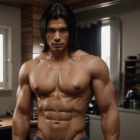 Attractive Native American man, strong, muscular, shoulder-length black hair, defined abdomen, anime style, realistic, cinematic, 3D animation.