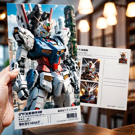 (there  a beautiful postcard on the table: 1.5), the front of the postcard shows the image of the future mecha gundam city, trad...