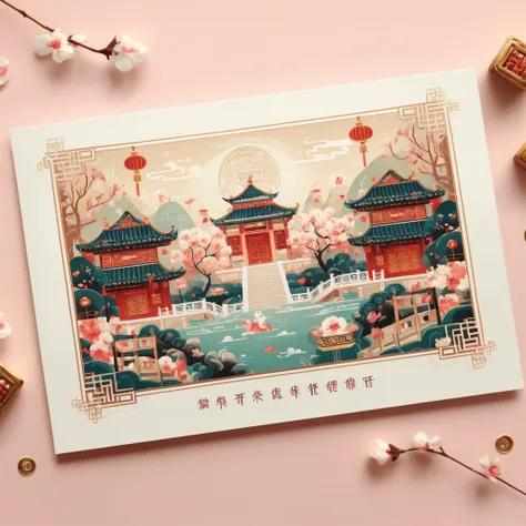 (postcard: 1.8),（china - chic chinese new year landscape，anatomy correct，oriental elements，the chinese new year scene  used as t...