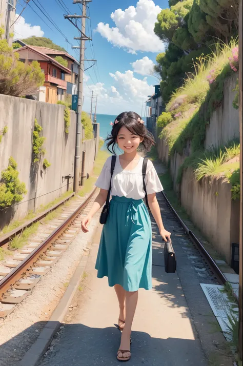 bustup、morning、Girl walking on a path parallel to the railroad tracks、Raising the right hand、Vigorous、You can see the sea in the background, I see the train、（ hair ornament hair ornament）、 masutepiece, Anatomically correct、A smile, radiant light