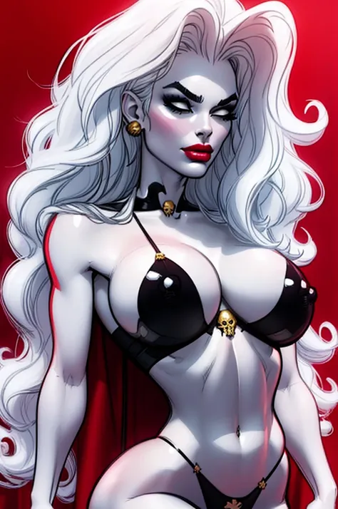 foreshortening,  CARTOON_lady_death_bikini_ownwaifu, facing front,bored, mascara, blank_eyes,long hair,breasts,white hair,makeup,colored skin,navel,lipstick,large breasts,wavy hair,white skin,lips,curly hair,red lips,very long hair,toned, narrow_waist, cur...