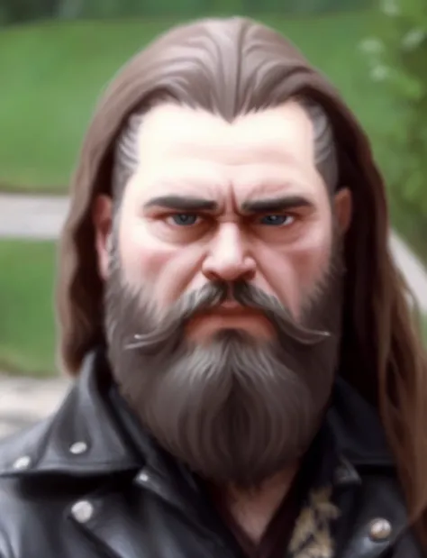 there  a man with a long beard and a leather jacket, detailed unblurred face, thick beard highly detailed, realistic artstyle, detailed realistic face, detailed beard, extremely realistic face, photorealistic artstyle, similar to hagrid, realistic detailed...