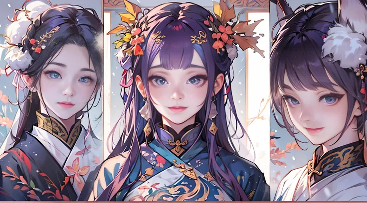 One of them  wearing purple clothes，long, floated hair、Alpha image of a woman with beautiful hairstyle，palaces，A girl in Hanfu，Very popular on cgstation，Guviz style artwork，Guwitz，Inspired by Du Qiong，Inspired by Ma Yuanyu，8K）），Cold winter，winter solstice，...