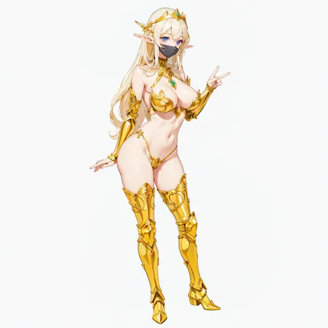 ​masterpiece、top-quality、ighly detailed、hight resolution、１６ｋ、fullnude、Teetoob proportions、golden armour、Very thin skirt、Looks like a black pantal body、Very white skin、Beautiful fingers、Anime girl with very big breasts posing naked、Perfect Style、elvish、no-b...