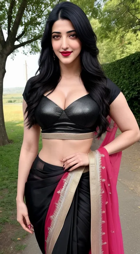 shruti haasan 27 years old beautiful different face cute sexy cute girl, big c-cup breast, beautiful different colorful branded Dhakai Jamdhani Bengali Saree, different hairstyle, bright eyes, thin eyebrows, fair skin, blushing cheeks, head to thigh view, ...