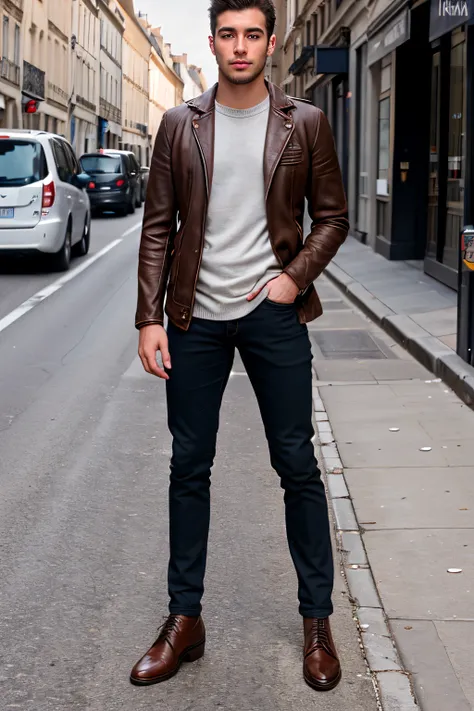 a ultrarealistic photo of a 25.y.o man with brown shoes standing middle on city street in France, high detailed skin, 4k, ultra hd, perfect face and skin, high detailed face, real face, real eyes