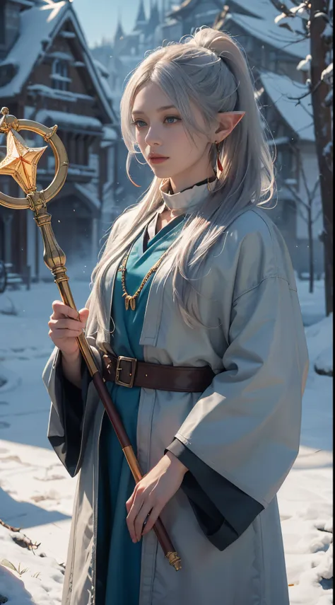 frierenwinter, 8k, best quality, highres, realistic, real person, a wizard character with silver ponytail hair, earrings, and a ...