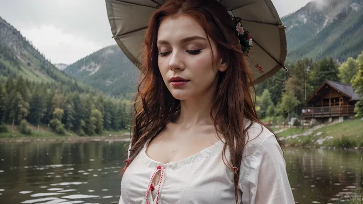 young girl ,slavic look,folk clothes,blurry background,red hair,heavy make up,pink lipstick,Polish,8k,ultra realistic,realistic face,realistic body,one girl,comfortable,rain,day,flowers,outsite,landscape,eyes closed,in water,lake,mountains,wet hair,beautif...