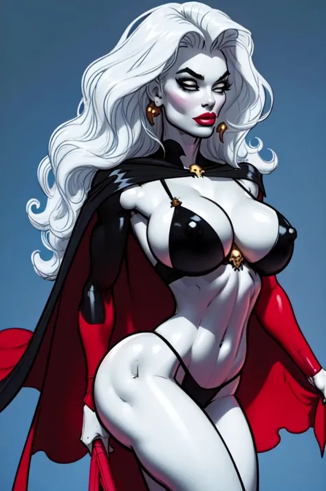 foreshortening,  CARTOON_lady_death_bikini_ownwaifu, facing front,bored, mascara, blank_eyes,long hair,breasts,white hair,makeup,colored skin,navel,lipstick,large breasts,wavy hair,white skin,lips,curly hair,red lips,very long hair,toned, cape, sword, narr...