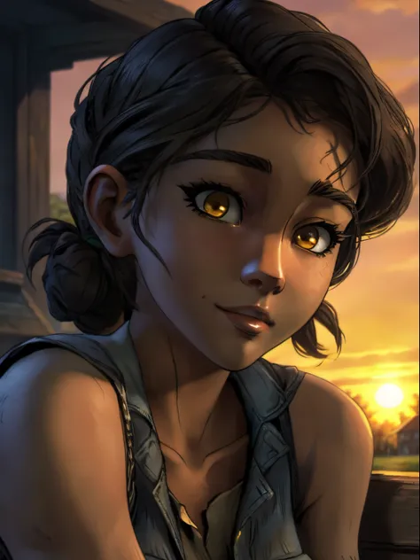 ((ultra quality)), ((tmasterpiece)), clementine from the walking dead, ((black, hairlong)) (beautiful cute face), (beautiful fem...