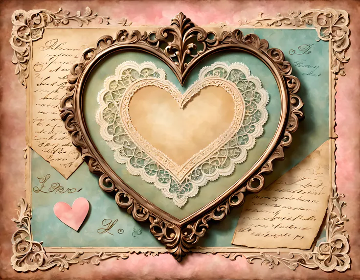 sweethearts postcard, victorian, volumetric lighting, highres, ultra-detailed, romantic atmosphere, intricate details, vintage colors, delicate lace, hand-painted illustrations, ornate frames, nostalgic charm, faded edges, soft pastel tones, gentle sunligh...