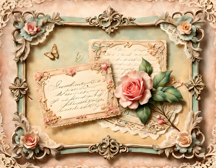 sweethearts postcard, victorian, volumetric lighting, highres, ultra-detailed, romantic atmosphere, intricate details, vintage c...