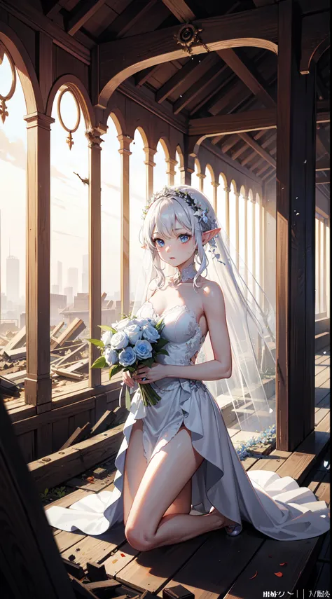 A beautiful elf girl in (torn dirty wedding:1.3) dress kneeling amidst rubbles of a war-torn fallen forest, (people running:1.2), smoke, smog, light particles, fire, somber, innocence and devastation, (elf), 1girl, (Bangs, sidelock, white hair, blue eyes:1...