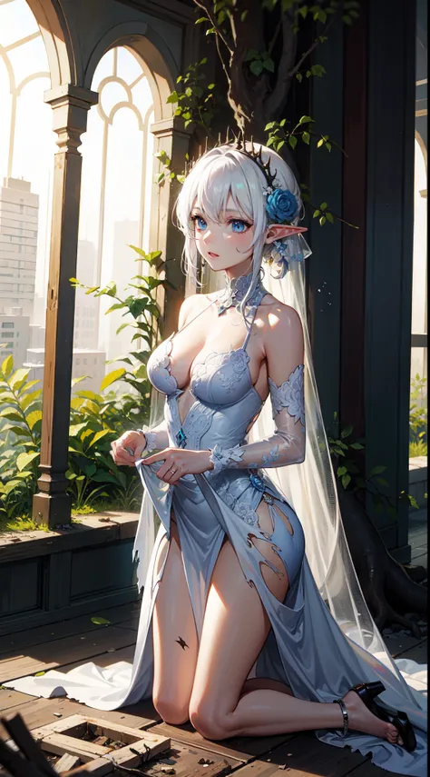 A beautiful elf girl in (torn dirty wedding:1.3) dress kneeling amidst rubbles of a war-torn fallen forest, (people running:1.2), smoke, smog, light particles, fire, somber, innocence and devastation, (elf), 1girl, (Bangs, sidelock, white hair, blue eyes:1...