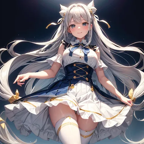 Portrait of a girl with long silver hair、Sleeveless, High collar white button front shirt、Large wide ribbon tie with gold trim、Dark blue cameo with golden border and white female silhouette.、Navy blue high waist flared miniskirt with bustier、white volumino...