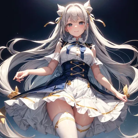 Portrait of a girl with long silver hair、Sleeveless, High collar white button front shirt、Large wide ribbon tie with gold trim、Dark blue cameo with golden border and white female silhouette.、Navy blue high waist flared miniskirt with bustier、white volumino...