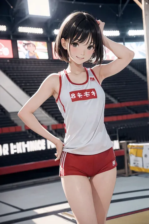 (8K,An ultra-high picture quality,ultra-quality,hight resolution,​masterpiece:1.5),((Realistic)),(Cowboy Shot),Looking at Viewer,1girl in,pale skin,Short hair,Smile,Japanese volleyball player standing,Tank Tops,red and white uniform,short trousers of black...