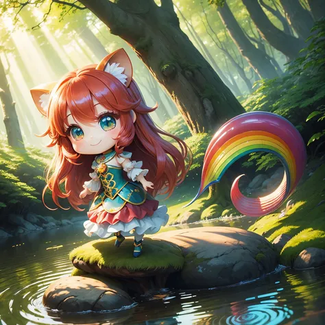 ​masterpiece、top-quality、ultra-detailliert、(Chibi Chara:4 1.2)、Rainbow Mermaid、fairy tale forest lake、A smile、Dazzling sunlight filtering through the trees