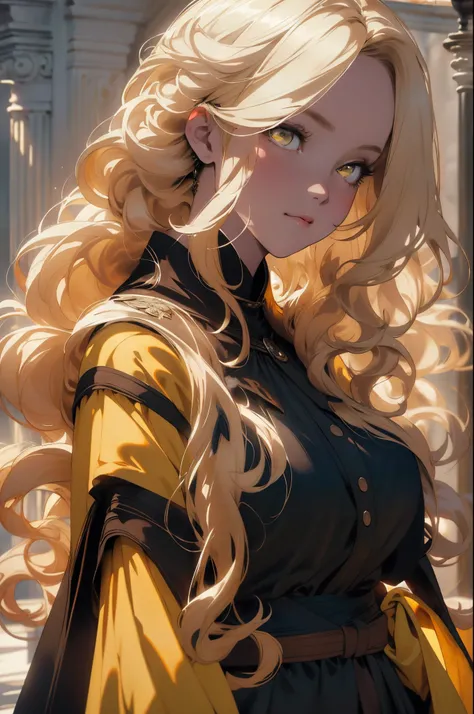 ((wallpaper 8k)), ((ultrarealistic)), ((high detailed)), ((masterpiece)), ((best quality:1.2)), 1girl, cloak, black dress, capelet, blonde hair, yellow eyes, breasts, updo hair, long hair, white skin