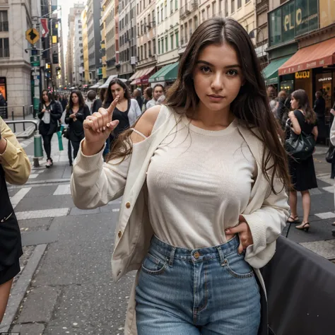 Ragazza realistica, modella Italo brasiliana, capelli castani, riccia e occhi verdi, pelle mulatta, labbra carnose, magra ma non troppo, seno taglia terza, in mezzo alle strade di New York