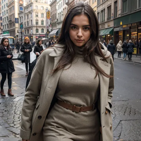 Ragazza realistica, modella Italo brasiliana, capelli castani, riccia e occhi verdi, pelle mulatta, labbra carnose, magra ma non troppo, seno taglia terza, in mezzo alle strade di New York in inverno