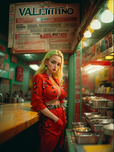 analogue fashion photo shot of young blonde woman with long hair, (((big boobs))) in a 1950s mexican taco stand, ((neon lights green and yellow lights)), (((((high fashion red clothes in the style of Valentino))))), supermodel, sexy model poses, masterpiec...