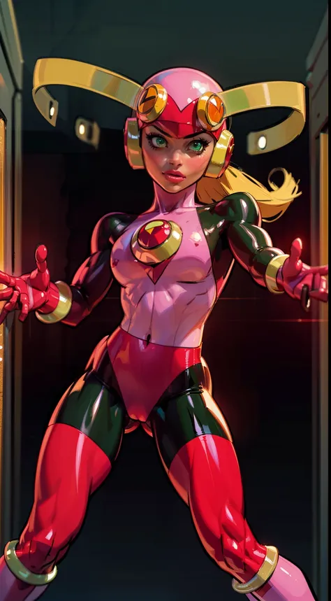 masterpiece,best quality,1girl,roll_exe_megamanbn,(helmet), (long blonde hair) ,long hair, green ribbon, leotard,green eyes,pink bodysuit,bodysuit,serious,action pose,glowing circuit background,