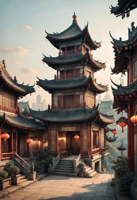 A postcard of the Chinese architecture on the front side. (best quality, highres:1.2), ultra-detailed, professional, vivid colors, portraits, landscape, concept artists, sharp focus, HDR, studio lighting. [line drawing, vintage style], (delicate, intricate...