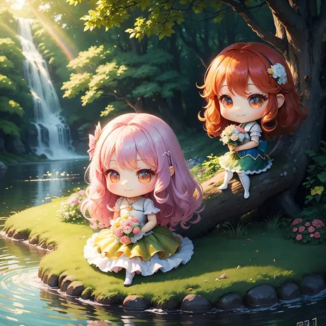 ​masterpiece、top-quality、ultra-detailliert、(Chibi Chara:4 1.2)、Rainbow Mermaid、fairy tale forest lake、A smile、Bouquet of roses、Dazzling sunlight filtering through the trees