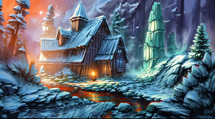 bright, (((cartoon style))), a fantasy witch wooden hut in winter forest in the center of the image , (winter day), illustration for children, fantasy art, masterpiece, blizzard in the background, winter, falling snow, detailed, intricate, 4k, art