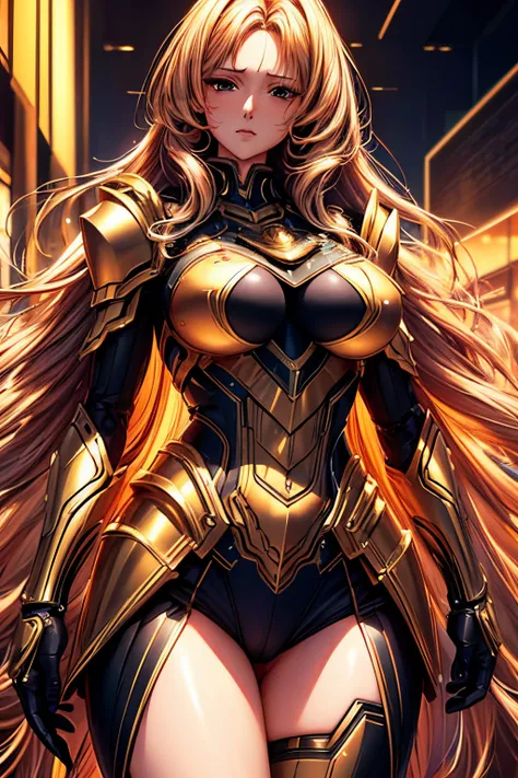 (best quality,8K,high resolution,masterpiece:1.2),digital artwork,a woman in her 20s,beautiful flowing golden hair,gentle expression,black mechanical equipment,sexbot,breast armor.